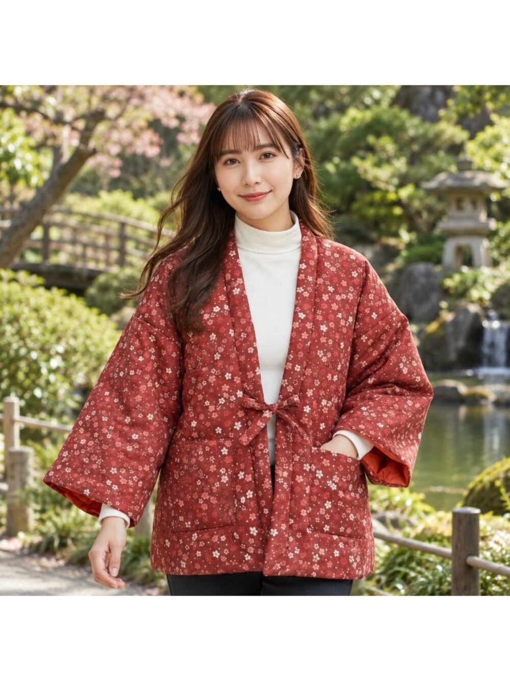 Ichimonme Hanten Japanese Padded Jacket Red Floral Kimono Pockets Women M